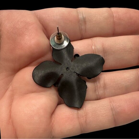 Black Flower Statement Earrings With Rhinestone Center - Picture 4 of 4